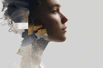 A woman's face is shown in a collage of different shapes and colors