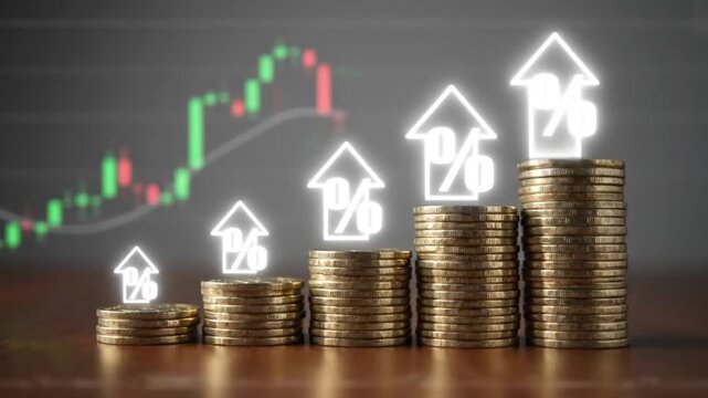 Stop-motion animation showing a row of coins progressively stacking up, symbolizing savings, gradual financial growth, and successful investment