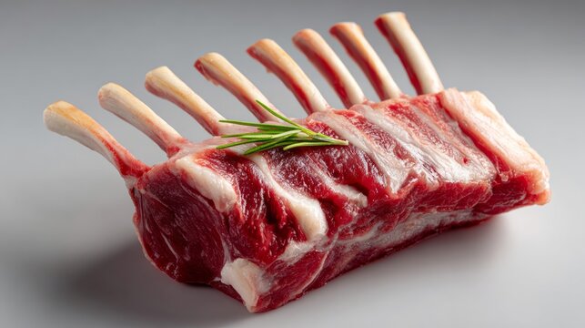 Raw rack of lamb meat displayed on a clean white surface, featuring exquisite details and textures, captured with softbox lighting for an ultra-photorealistic culinary presentation
