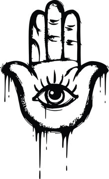 hamsa hand of fatima vector with mystic eye, black ink design with dripping paint effect and urban spiritual style on transparent background