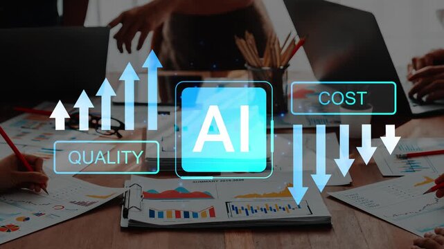 Business Meeting Focused on AI Strategies to Enhance Quality and Reduce Cost with Charts and Graphs on Table Surrounded by Professionals Collaborating Gluon.