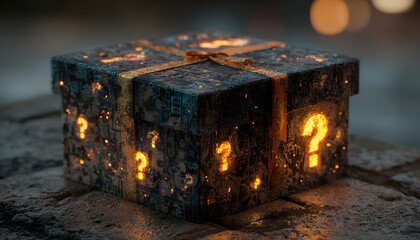 Dark gift box tied with orange ribbon features glowing question marks on sides. Abstract patterns adorn surface, suggesting mystery prize or unknown content. Use for promotions, surprises, or gaming.