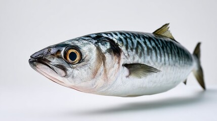 Fototapeta premium Whole fish gracefully levitating against a pure white backdrop, showcasing glistening scales and sharp eye detail, captured in ultra-photorealistic studio lighting with softbox illumination