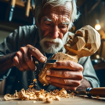 Senior woodcarver sculpting a wooden bust in a workshop