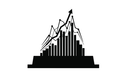 Growing business success graph with upward trending arrow chart in black and white minimalist design for finance and marketing concepts