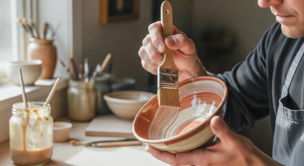 close up of a potter painting a decorative glaze on a ceramic bowl in a studio workshop