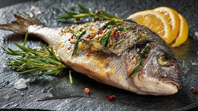 Baked seabream presented whole but minimal, warm stone surface, refined Mediterranean restraint