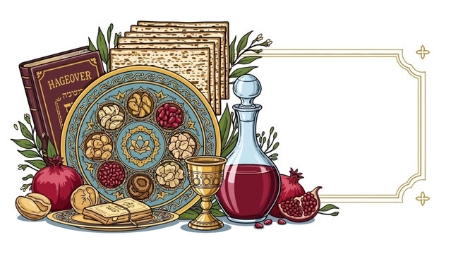 Passover Seder Plate and Matzah with Wine and Pomegranates.