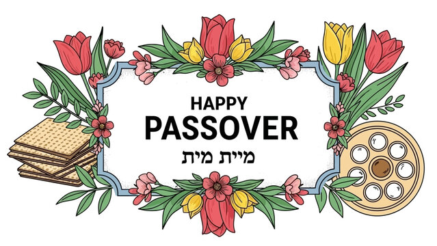Happy Passover Celebration with Matzah and Seder Plate.