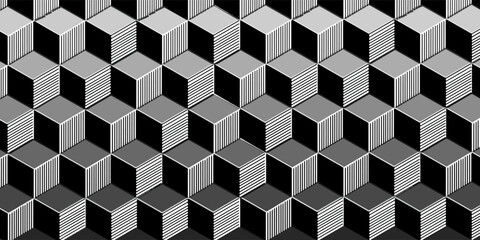 Abstract 3d isometric striped cubes geometric seamless pattern in black and white, vector
