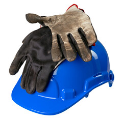 A blue work helmet with dirty work gloves placed on it on an isolated background.