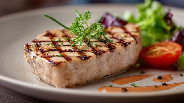 Grilled swordfish steak with subtle char marks, warm beige backdrop, modern plating