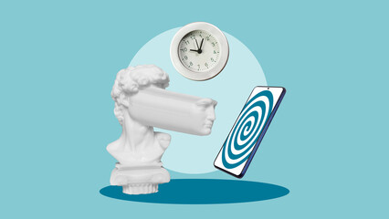 Doomscrolling, Digital Overload and Attention Crisis Concept with Smartphone and Clock. Screen...