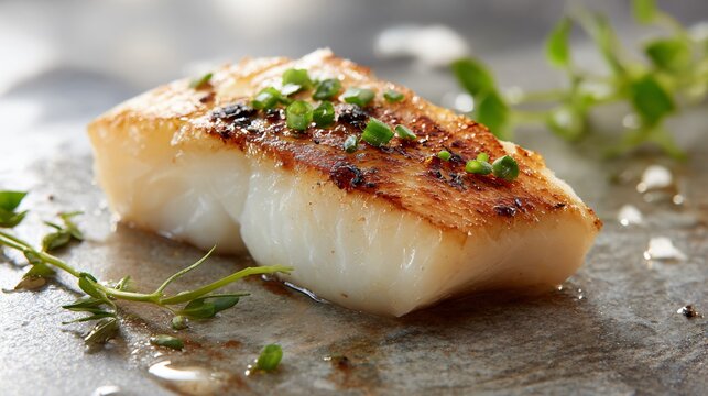 Pan-seared pollock fillet with minimal garnish, light stone surface