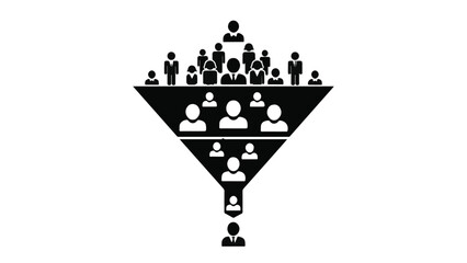 Sales marketing conversion funnel with people at different stages from top to bottom, representing customer journey and lead generation process in business