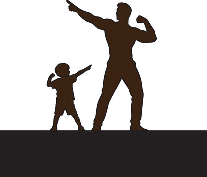Heroic silhouette illustration of a muscular father and young son flexing biceps and pointing, symbolizing strength, aspiration, and powerful family bonding.
