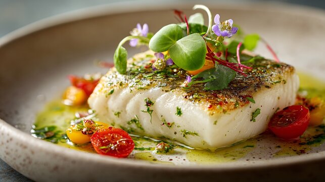 Seared hake fillet with subtle herb oil, off-white porcelain, calm lighting