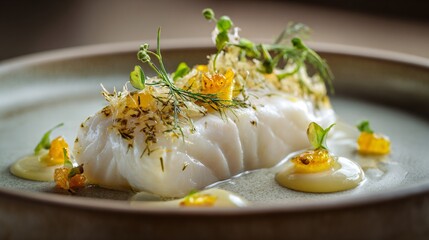 Steamed halibut served with translucent citrus essence, neutral clay plate, calm fine dining composition