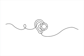 Continuous one-line drawing of an ear with a focus symbol. Minimalist icon for hearing concentration and audiology. Simple black line art on a white background