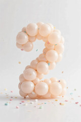 Number two made of pale color balloons and confeties, isolated on white background. realistic