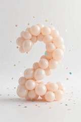 Number two made of pale color balloons and confeties, isolated on white background. realistic