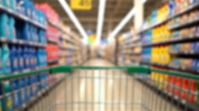 Blurred Moving forward with shopping trolley in grocery store aisle surrounded by blurred colorful merchandise on shelves.