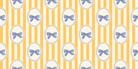 Italian striped seamless pattern with oval frame with lace and bows. Mediterranean summer yellow and blue background. Playful design for wrapping paper, fabric and textile. Vector illustration art