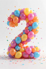 Number two made of colourful balloons and confeties, isolated on white background. realistic