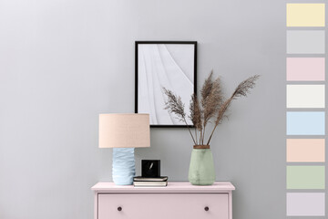 Living room with furniture and decor. Interior design and shades matching palette. Color of year