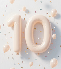 Number ten made of pale color balloons and confeties, isolated on white background. realistic