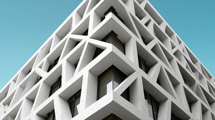 Close-up of a striking geometric building facade showcasing intricate patterns and ample negative space, emphasizing contemporary architectural design with a modern aesthetic and visual appeal