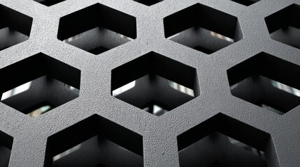 Close-up of a geometric black and white building facade showcasing hexagonal patterns and rich textures, emphasizing negative space and contemporary architectural design with striking visual appeal