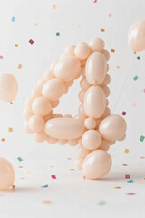 Number four made of pale color balloons and confeties, isolated on white background. realistic