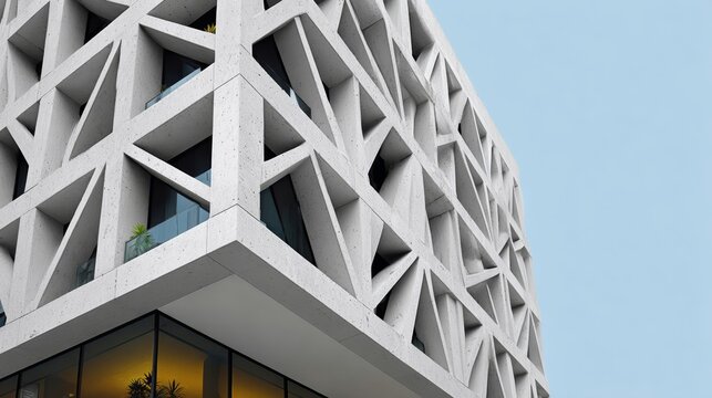 Close-up view of a geometric building facade showcasing intricate patterns and ample negative space, emphasizing contemporary architecture with striking visual appeal and modern design elements - Powered by Adobe