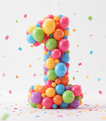 Number one made of colourful balloons and confeties, isolated on white background. realistic