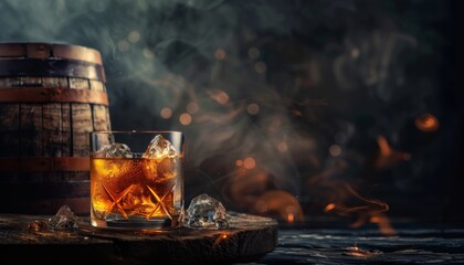 Rich amber whiskey in a glass with ice cubes beside a wooden barrel and smoky background creating a warm, inviting atmosphere