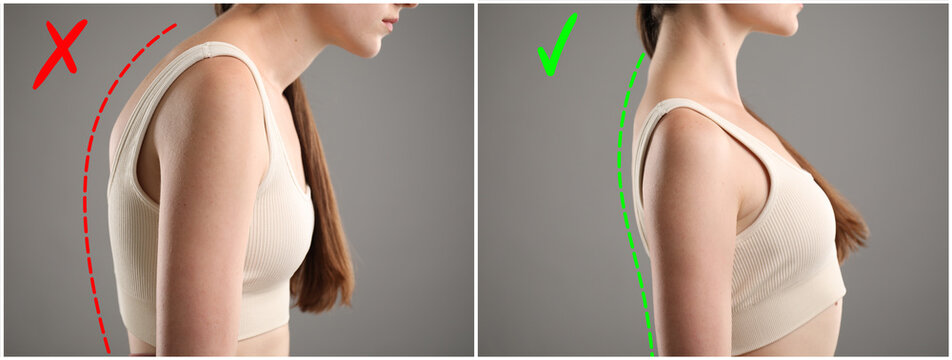 Woman with poor and good posture on grey background, closeup. Collage of photos