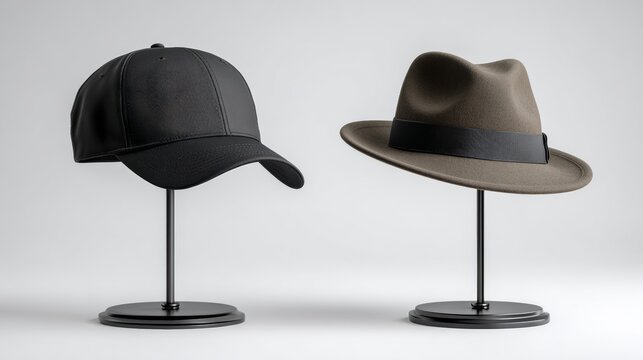 Product photography of a sleek black baseball hat and a stylish fedora displayed on a modern black hat stand, both facing the viewer against a solid white background, showcasing contemporary fashion a