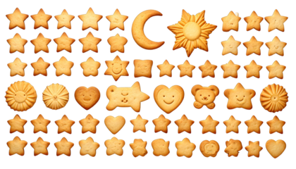 Collection of golden baked cookies in varying shapes, isolated on black