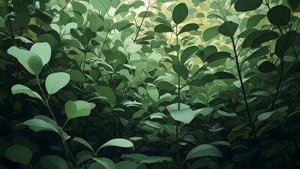 Lush greenery with sunlight filtering through leaves in a dense forest