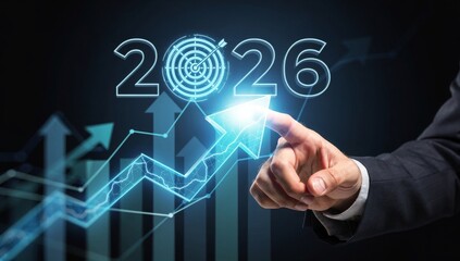 Businessman Touching 2026 Rising Arrow Graph with Target Icon Represents Business Growth Strategy, Financial Success, and Future Goal