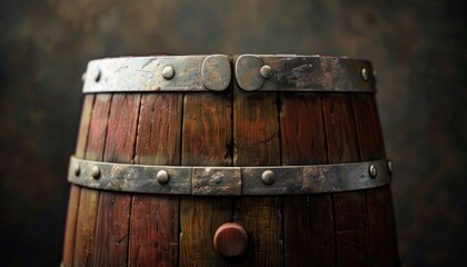 Fototapeta premium Rustic wooden barrel with detailed metal straps showcasing an aged appearance and historical charm