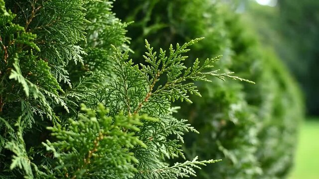 Close up of lush green cedar tree foliage in a garden setting.