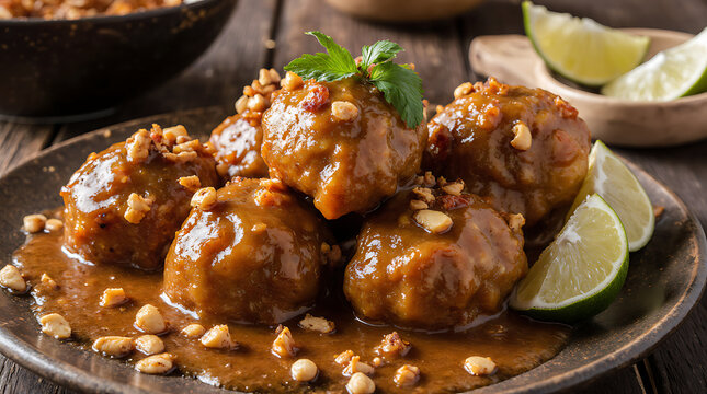 Batagor Indonesian Fried Dumplings With Peanut Sauce on Wooden Table