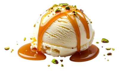 Creamy ice cream scoop drizzled with caramel sauce and garnished with pistachios