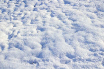 Uneven snow surface. Small holes in the snow. Snow background with a blue tint.