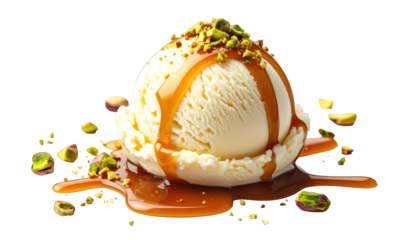 A scoop of vanilla dessert with caramel drizzle and chopped pistachio garnish
