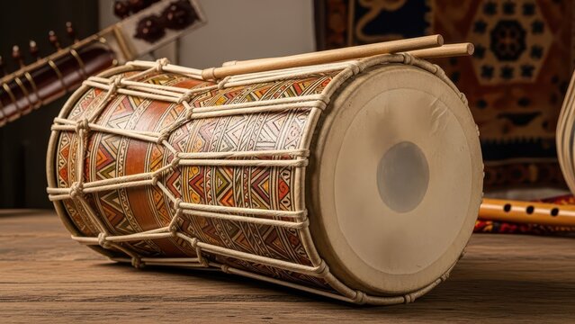 Traditional dhol drum with intricate patterns and sticks.
