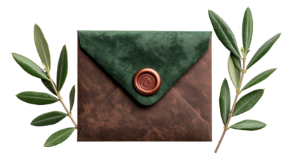 Leather envelope with green flap and wax seal, flanked by olive branches, on black