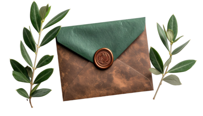 A leather-textured envelope sealed with wax, flanked by leafy green branches